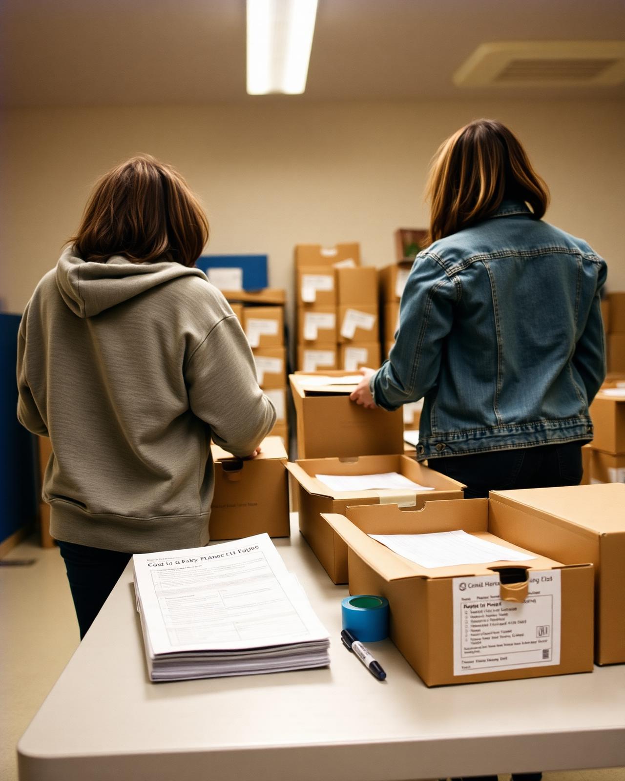 PCOM volunteers in coordinated T-shirts setting up a community resource table, smiling as they unpack supplies.