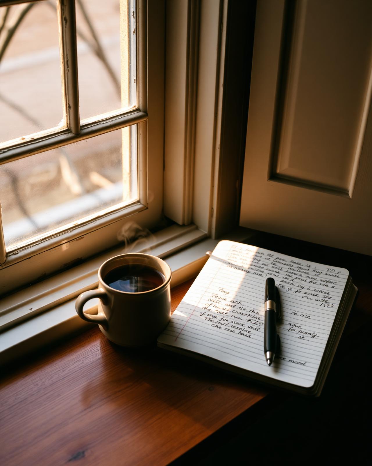 Person seated by a sunlit window holding a warm mug, journal nearby — a quiet mental-health moment.