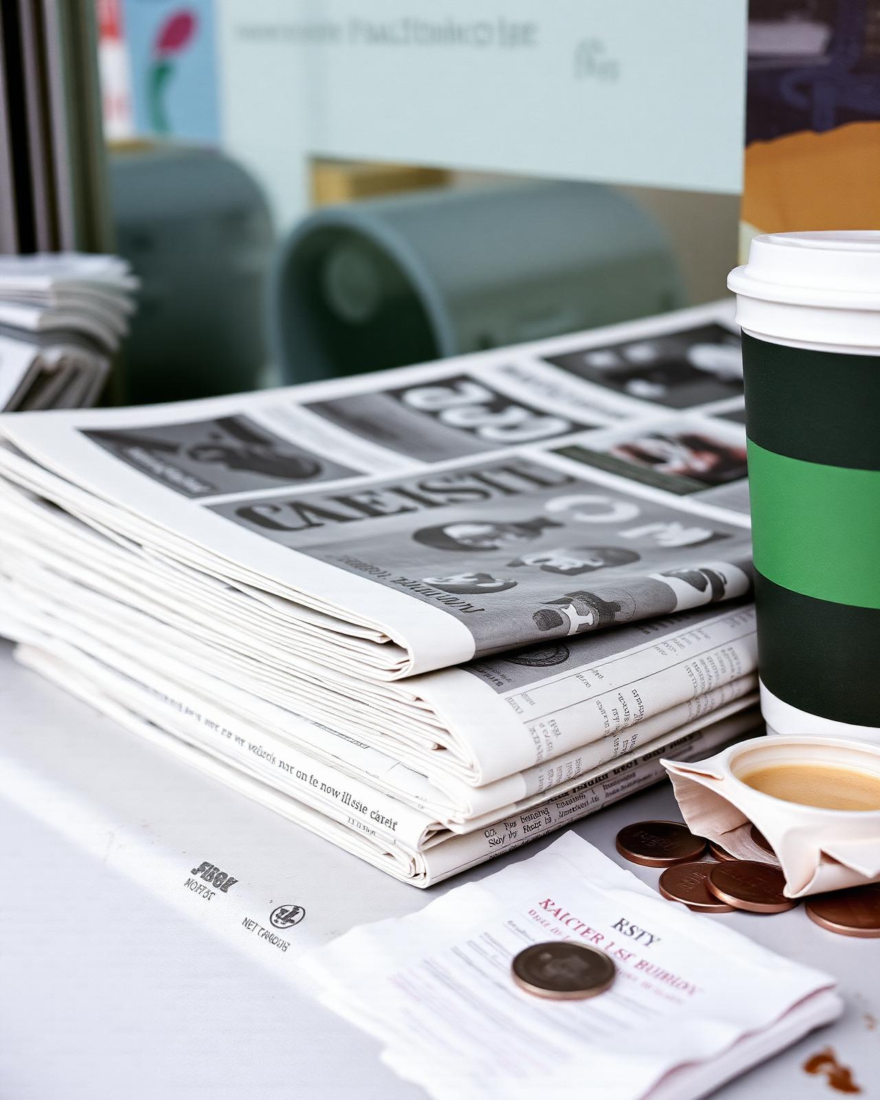 Stack of fresh local newspapers folded on a Baltimore newsstand at dawn.