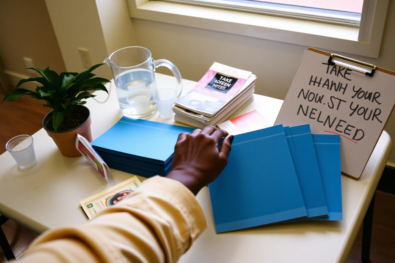 Community health resource table at a Baltimore rec center with brochures, water, and a welcoming volunteer.