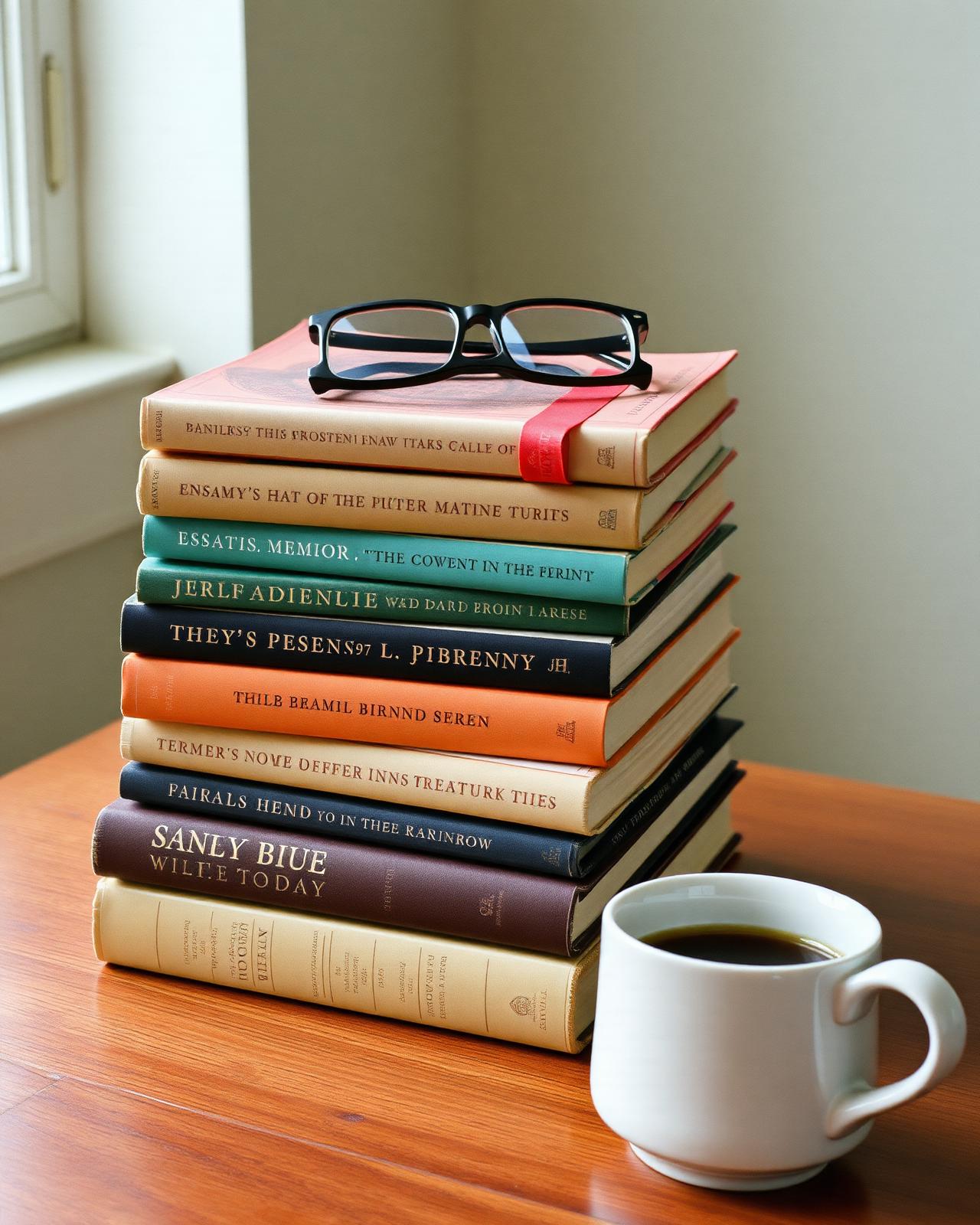 Open hardcover memoir resting on a wooden table beside a cup of coffee and reading glasses.