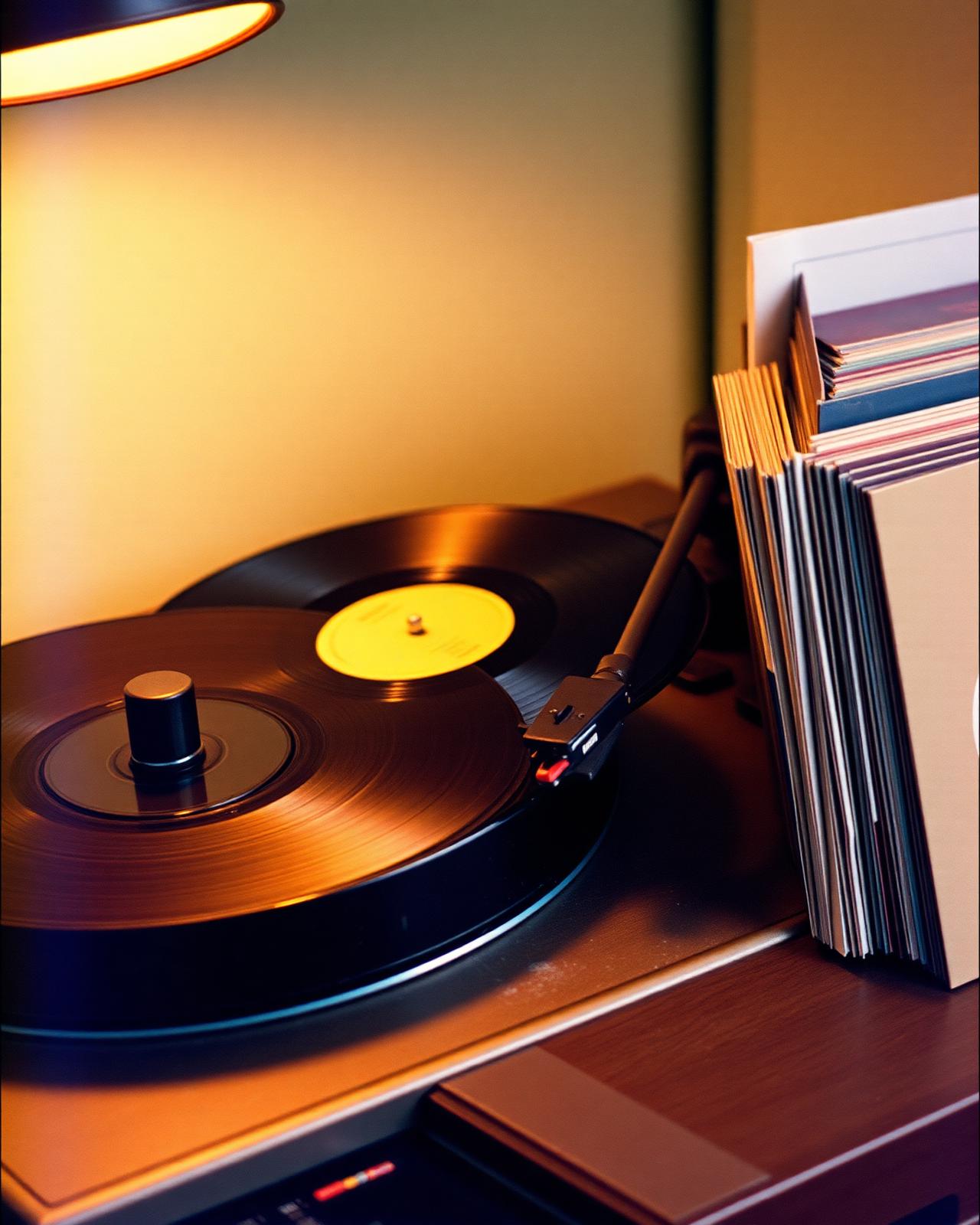 Vinyl record spinning on a turntable with warm studio lights reflecting off its grooves.