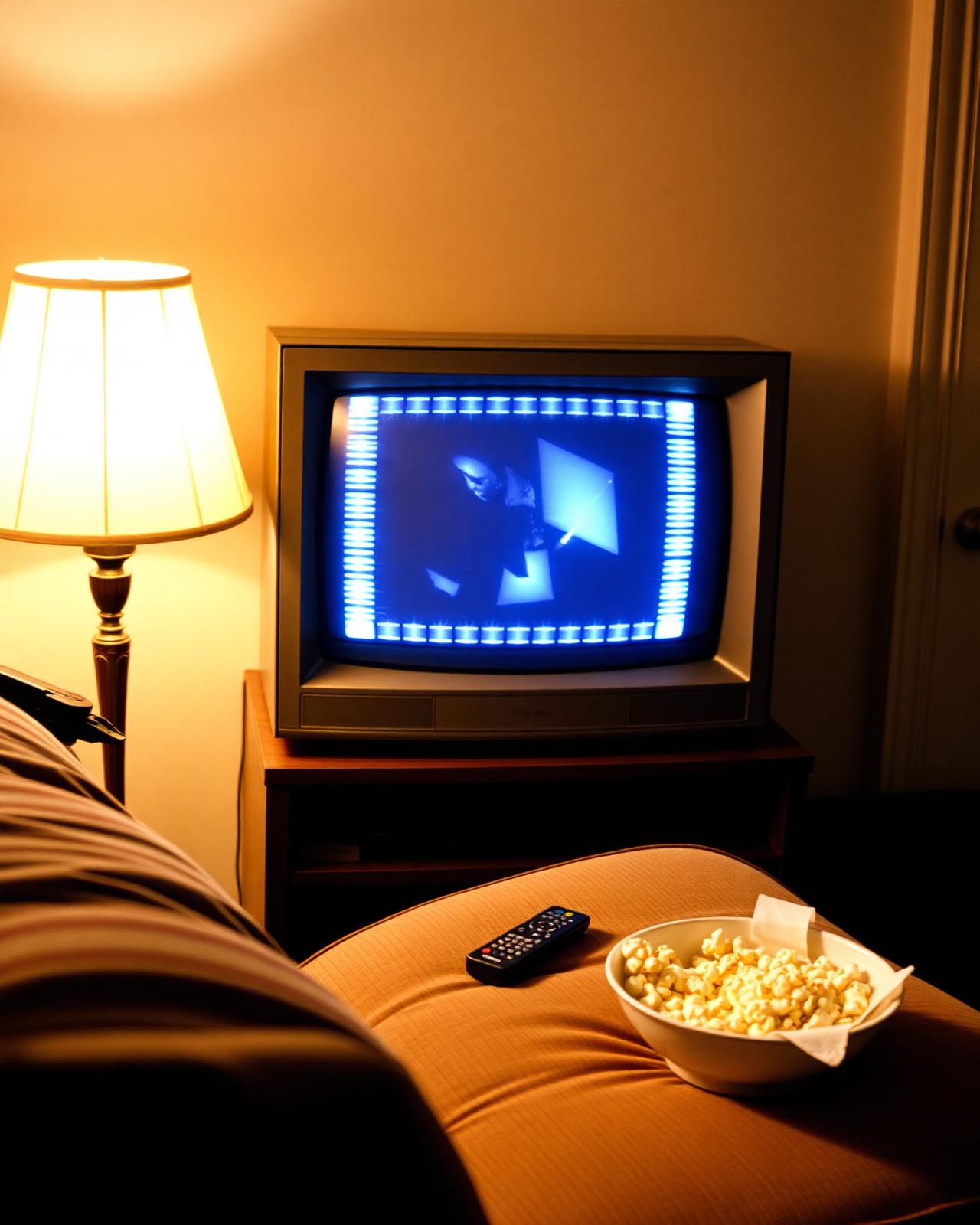 Television screen glowing in a darkened living room, casting cinematic light across the floor.